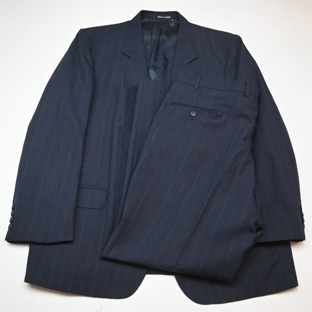 Vtg USA Made 46R 40x30 Dark Blue Striped Wool Mens Jacket Pants Suit